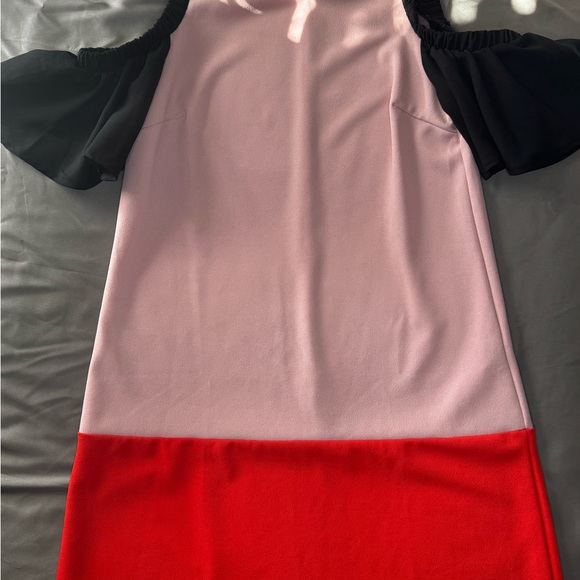 ZARA Women’s Cold Shoulder Dress Size S Pink Red/Coral Black Ruffle Sleeves EUC - Picture 5 of 8